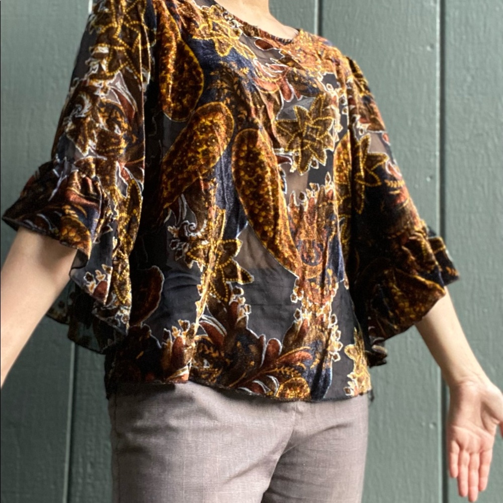 W5 Velvet Paisley Ruffle Sleeve Top